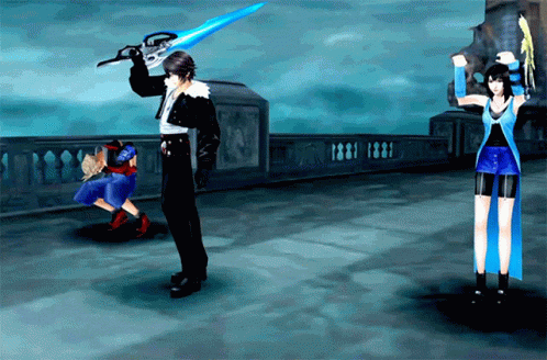 A Video Game Shows A Man Holding A Blue Sword And A Woman In A Blue Dress GIF