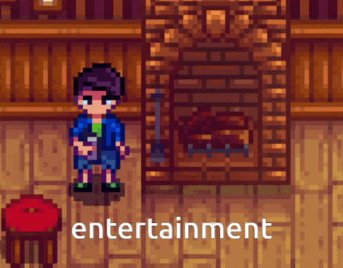 A Video Game Shows A Man Standing In Front Of A Fireplace And The Word Entertainment Below Him GIF
