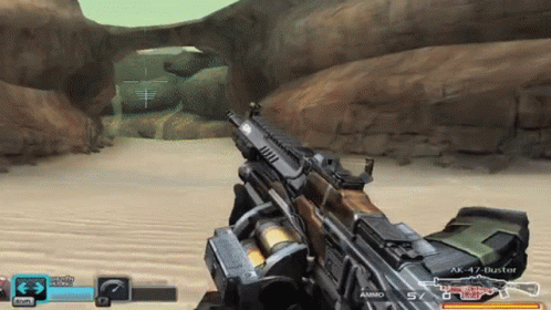 A Video Game Shows A Person Holding An Ak 47 Buster GIF