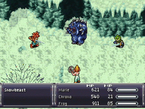 A Video Game Shows A Snowbeast And A Frog Fighting Each Other GIF