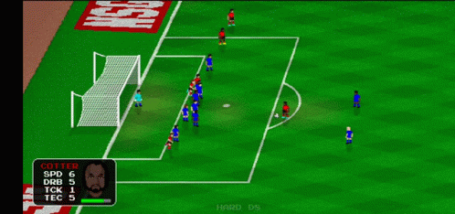 a video game shows a soccer game being played with replay at the top
