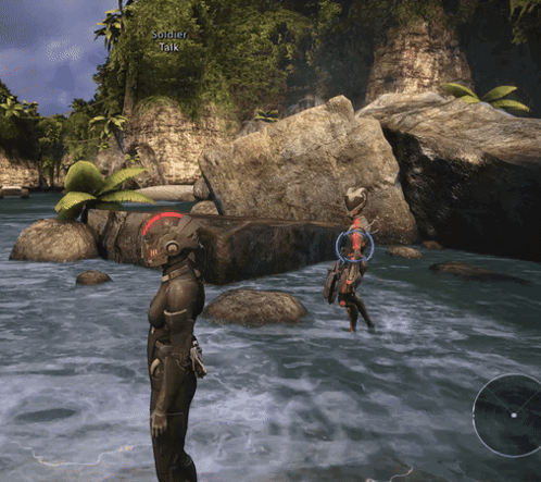 a video game shows a soldier talking to another person in the water