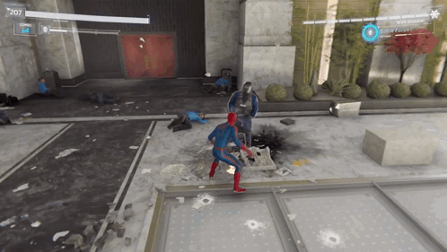 A Video Game Shows A Spider Man Fighting A Group Of Men GIF