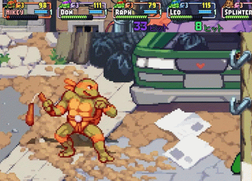 A Video Game Shows A Turtle Named Mikey Fighting A Turtle Named Raphael GIF