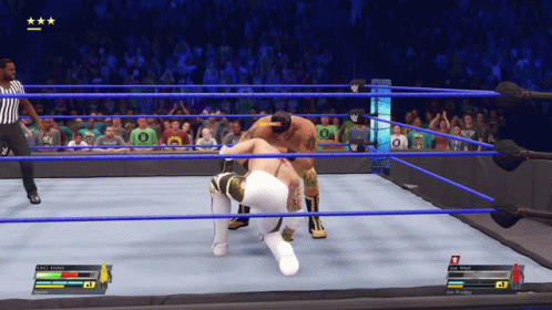 A Video Game Shows Two Wrestlers In A Wrestling Ring With A Referee Watching GIF