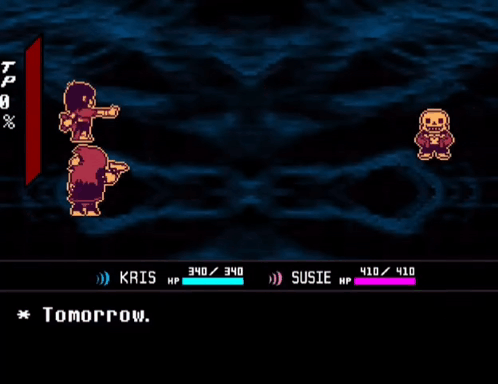 A Video Game Where Kris And Susie Are Fighting Each Other And Kris Says " What Do You Mean Tomorrow " GIF