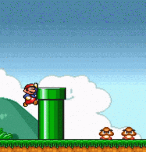 A Video Game Where Mario Is Hanging From A Green Pipe GIF