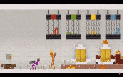 A Video Game With A Purple Stick Figure Carrying A Sword GIF