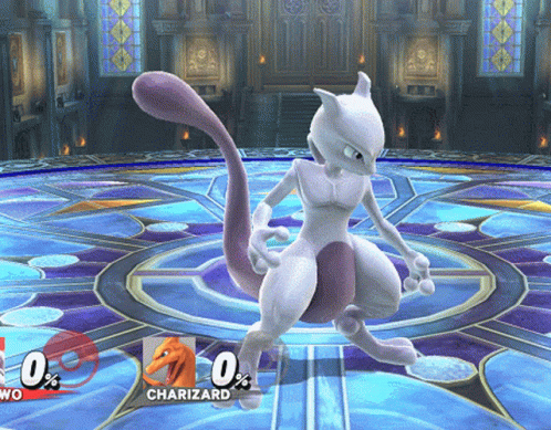 A Video Game With Charizard And Mewtwo Fighting Each Other GIF