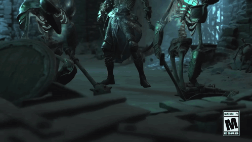 A Video Game With Skeletons And The Letter M On The Bottom Right GIF