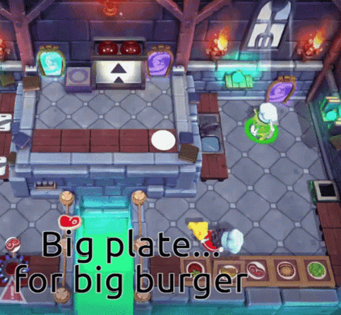 A Video Game With The Words Big Plate For Big Burger On The Bottom GIF