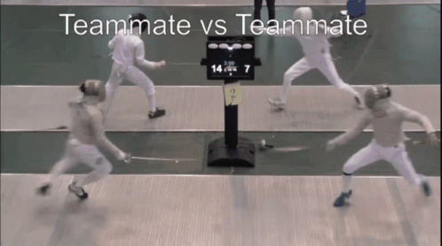 A Video Of A Fencing Match With The Words Teammate Vs Teammate At The Bottom GIF