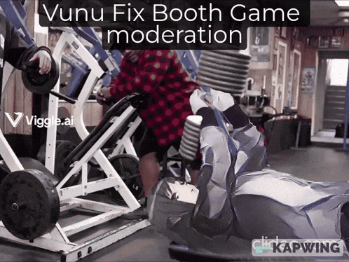 A Video Of A Man Doing Exercises In A Gym With The Words " Vuvu Fix Booth Game Moderation " GIF