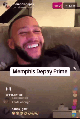 a video of a man laughing with the caption memphis depay prime on it