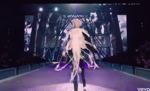A Video Of A Woman Walking Down A Runway With The Word Vevo At The Bottom GIF