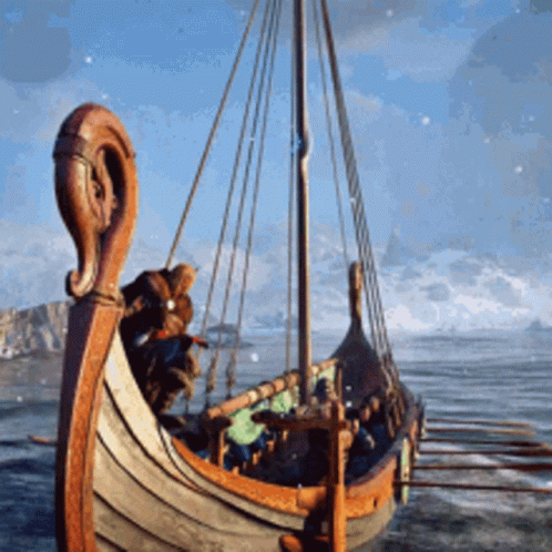 A Viking Ship Is Floating On The Water With A Man On The Back GIF