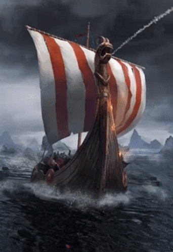 A Viking Ship With A Striped Sail Is Floating In The Ocean GIF