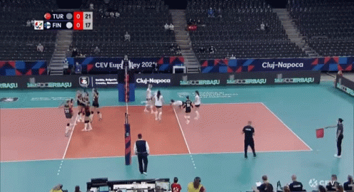 a volleyball game is being played in a stadium sponsored by cev