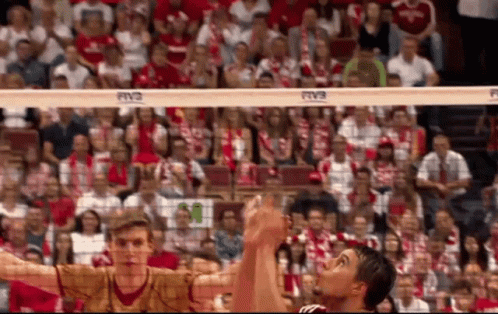 A Volleyball Game Is Being Played In Front Of A Crowd With A Banner That Says Rvc On It GIF