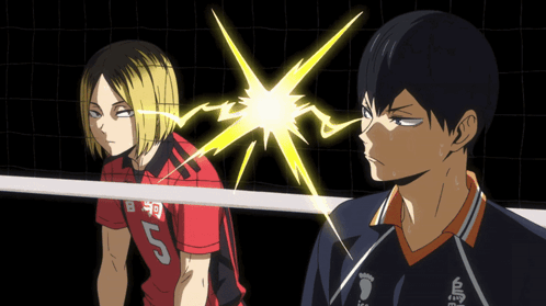 A Volleyball Player With The Number 5 On His Jersey Stands Next To Another Player GIF