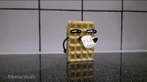 A Waffle With Arms And Legs Is Holding A Piece Of Paper With The Word Rid On It GIF