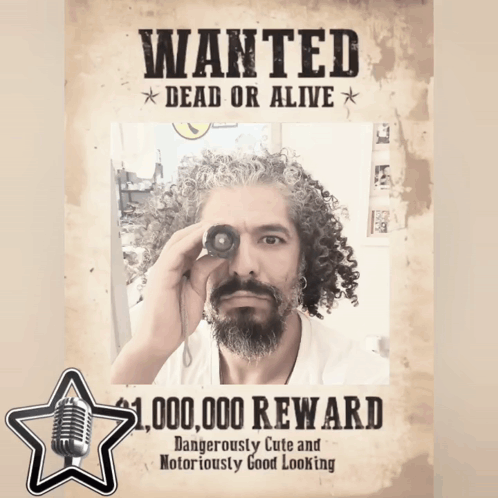 A Wanted Poster Shows A Man With Curly Hair Looking Through A Telescope GIF