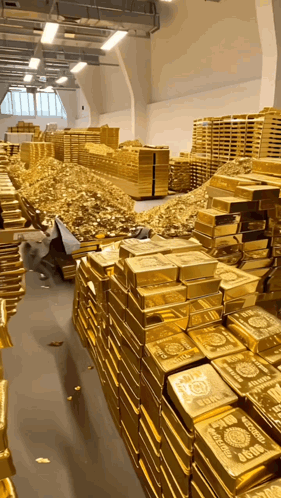 A Warehouse Filled With Lots Of Gold Bars Including One That Says ' Gold ' On It GIF