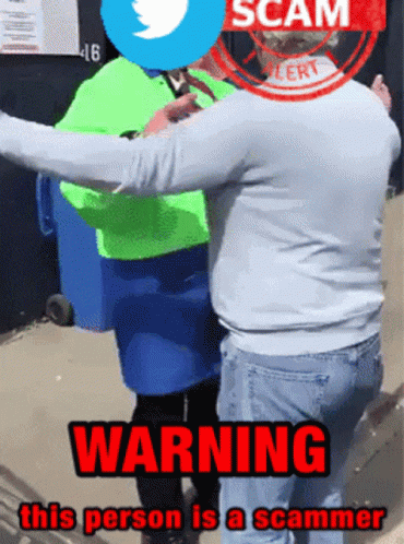 A Warning Sign That Says This Person Is A Scammer On It GIF