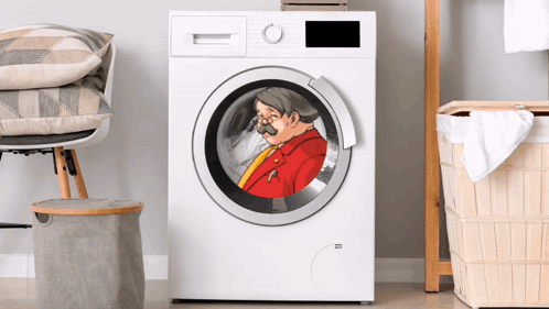 A Washing Machine With A Cartoon Of A Man In A Red Jacket On The Door GIF