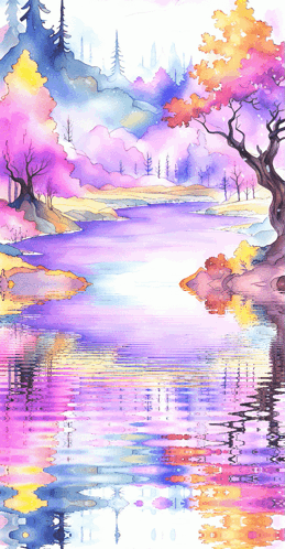 A Watercolor Painting Of A Lake With Trees In The Background GIF