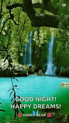 A Waterfall In The Middle Of A Forest With The Words Good Night ! Happy Dreams ! GIF