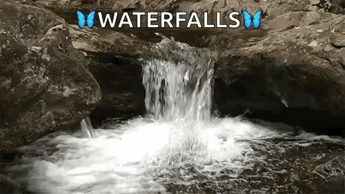 A Waterfall Is Surrounded By Rocks And Has The Words Waterfalls Written On It GIF