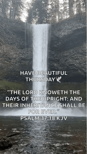A Waterfall Is Surrounded By Trees And A Quote From Psalm 37 18 Kjv GIF