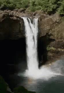 A Waterfall Is Surrounded By Trees And Rocks In The Woods GIF