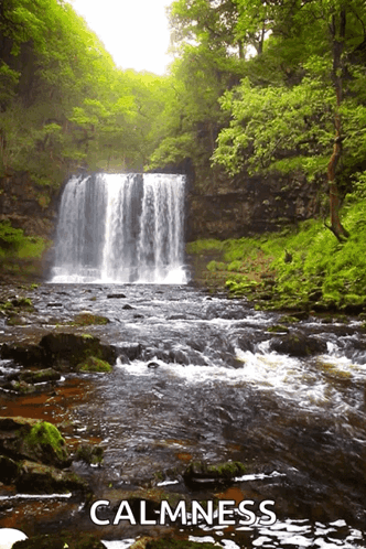 A Waterfall Is Surrounded By Trees And The Word Calmness Is On The Bottom GIF