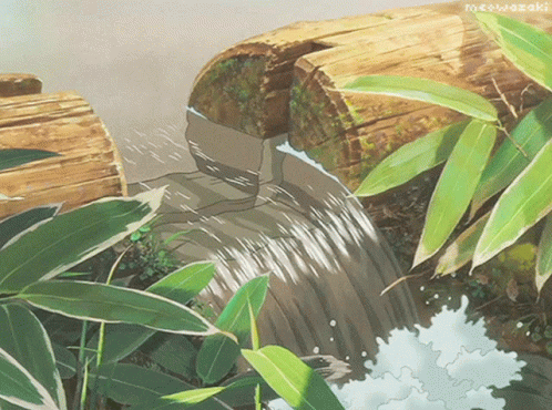 A Waterfall Surrounded By Plants And A Watermark That Says Mesuwasaki GIF