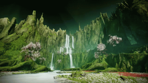 A Waterfall Surrounded By Trees And Flowers In A Forest GIF