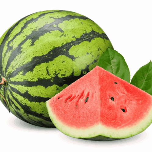 A Watermelon Next To A Slice Of Watermelon With Green Leaves GIF
