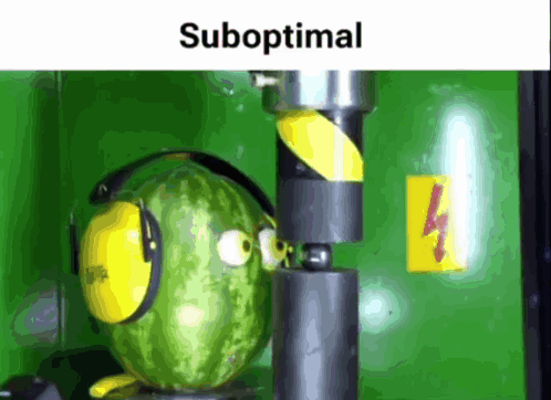 A Watermelon Wearing Ear Protectors Is Being Tested By A Machine And The Word Suboptimal Is Above It GIF