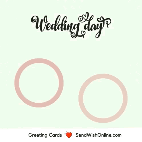 A Wedding Day Greeting Card With Two Wedding Rings And Two Pink Hearts GIF
