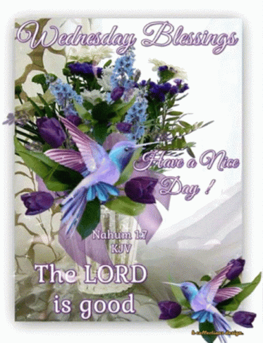 A Wednesday Blessings Card With Purple Flowers And A Blue Hummingbird GIF