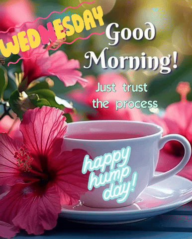 A Wednesday Good Morning Message With A Cup Of Tea And Pink Flowers GIF