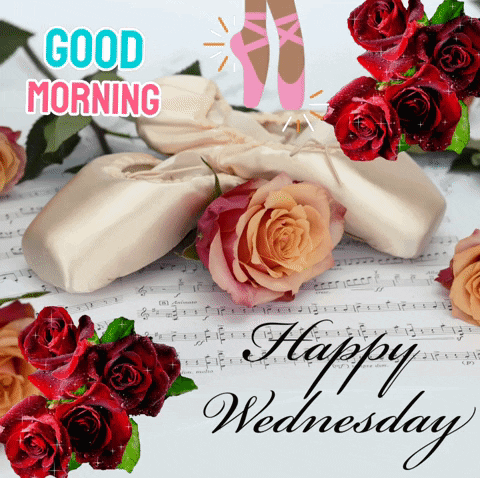 A Wednesday Greeting Card With A Ballerina And Roses GIF