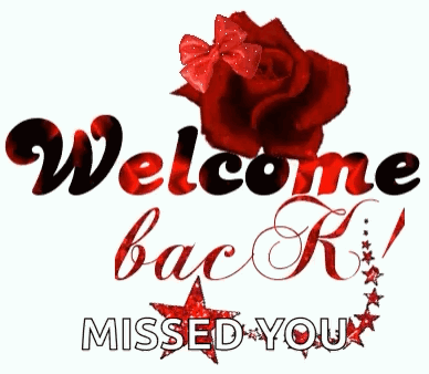 A Welcome Back Message With A Red Rose And A Bow GIF