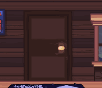 A Welcome Home Mat Is On The Floor In Front Of A Blue House GIF