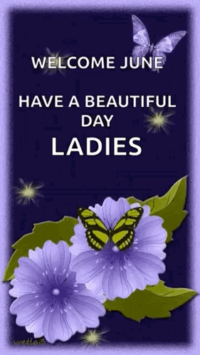 A Welcome June Card With Purple Flowers And A Butterfly GIF