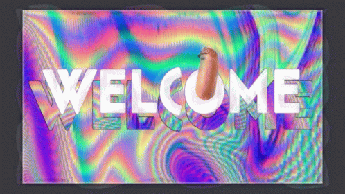 A Welcome Sign With A Rainbow Background GIF