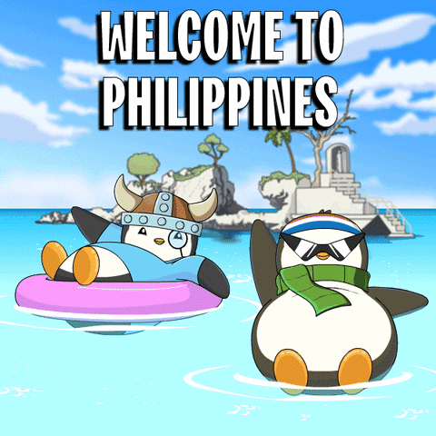 A Welcome To Philippines Sign With Two Penguins GIF