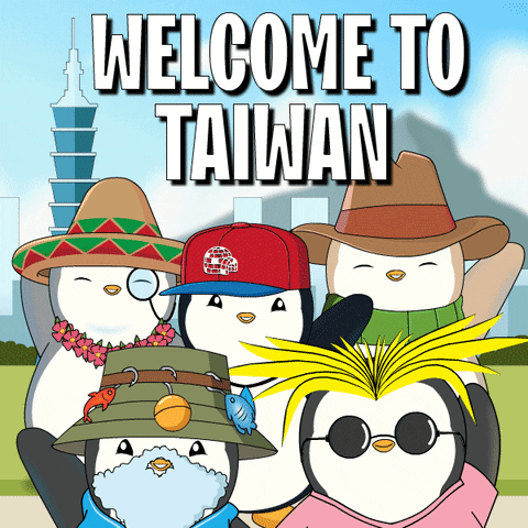 A Welcome To Taiwan Poster With Penguins Wearing Hats And Scarves GIF
