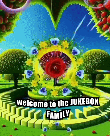A Welcome To The Jukebox Family Sign With Flowers In The Background GIF